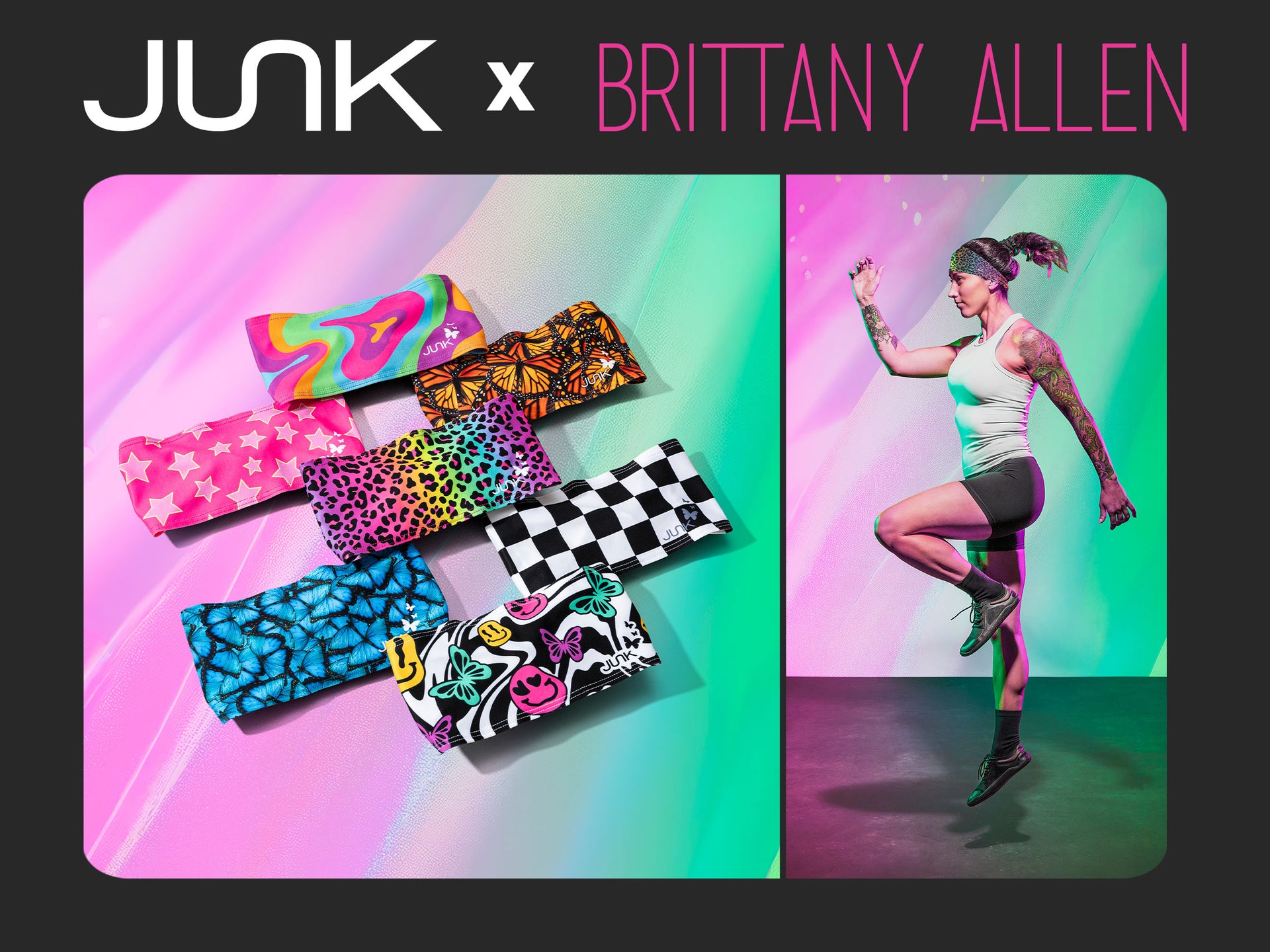 JUNK x Brittany Allen logo text, the image is her headbands with a lifestyle of a woman on a peloton