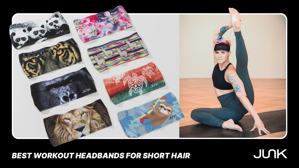 JUNK headbands next to a woman stretching.