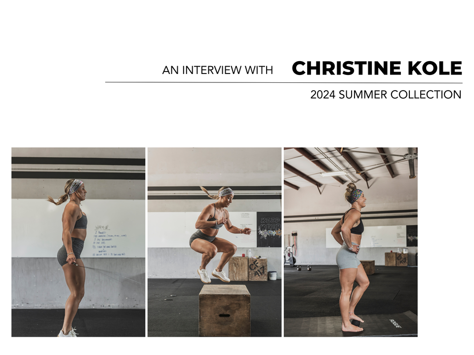 Three photos of a woman working out, jumping rope, box jumps, and recovery. Copy Reads An Interview with Christine Kole: 2024 Summer Collection