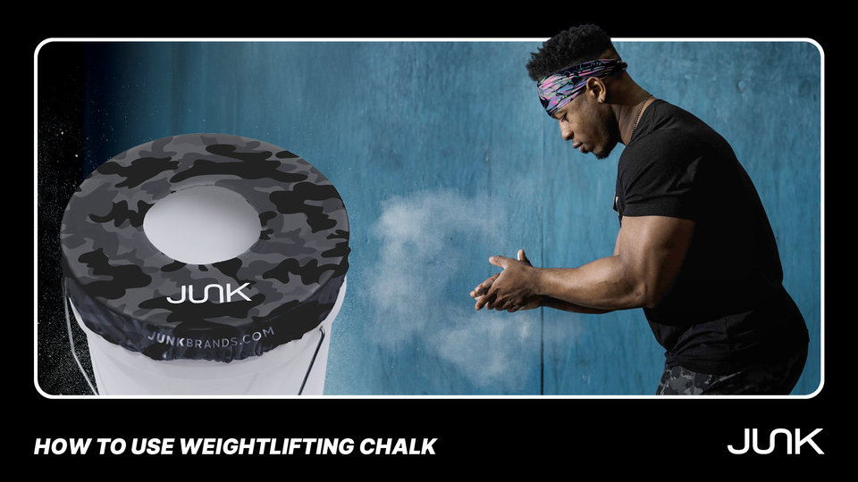 Man using weightlifting chalk next to a chalk topper from JUNK brands