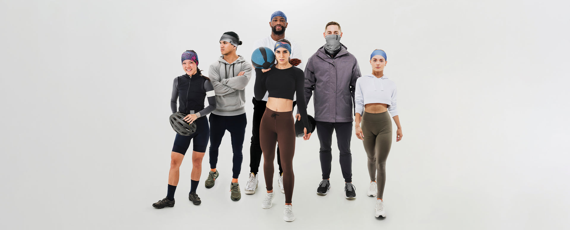 6 athletes in colorful headbands on a white background